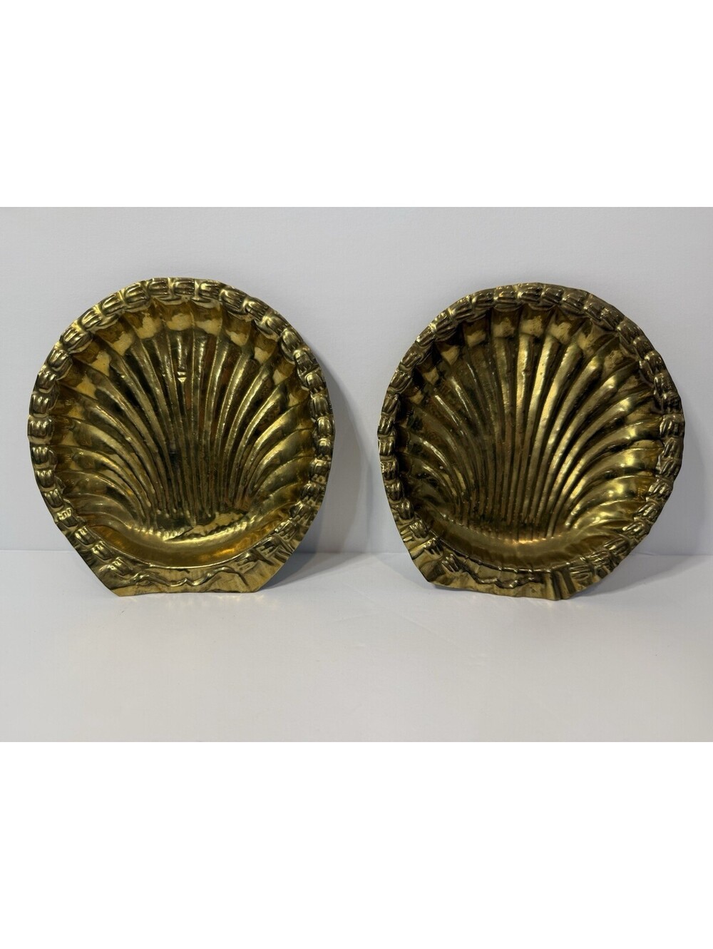 2 Set Vintage Nautical Brass 5” Solid Brass Footed Seashells Trinket Decor